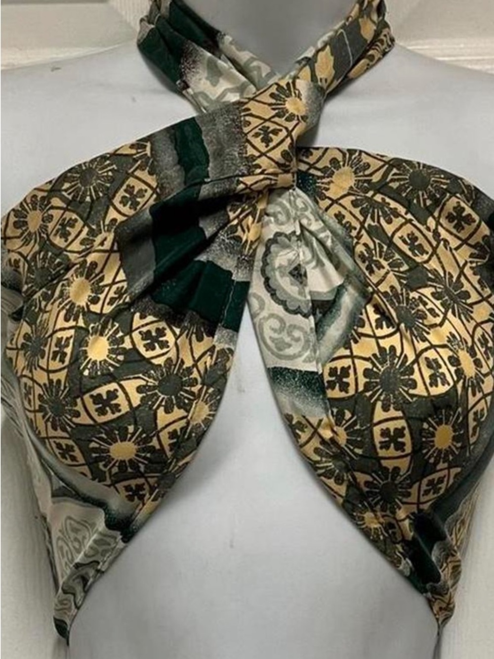 Oscar de la Renta Green and Gold Printed Scarf Halter Top